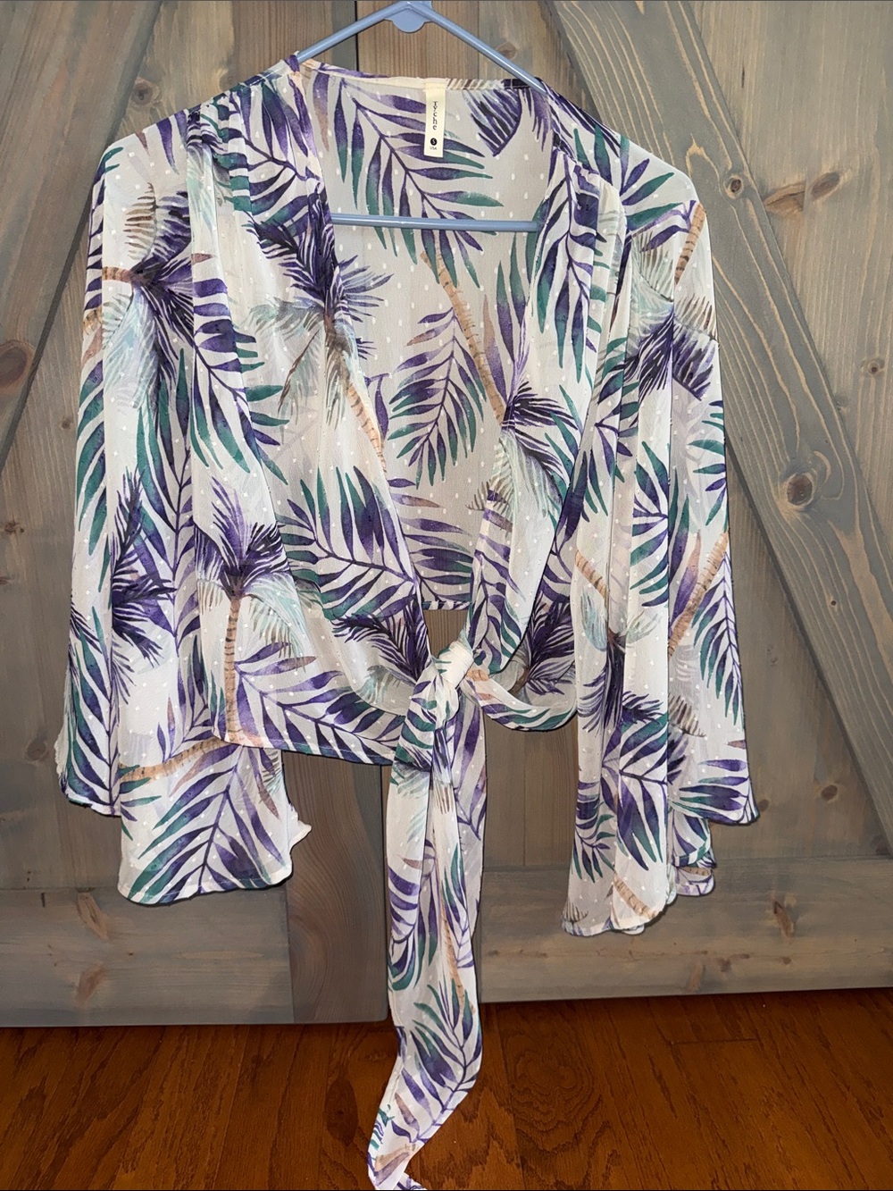 Tyche White Tie-Front Top with Purple and Teal Leaf Print